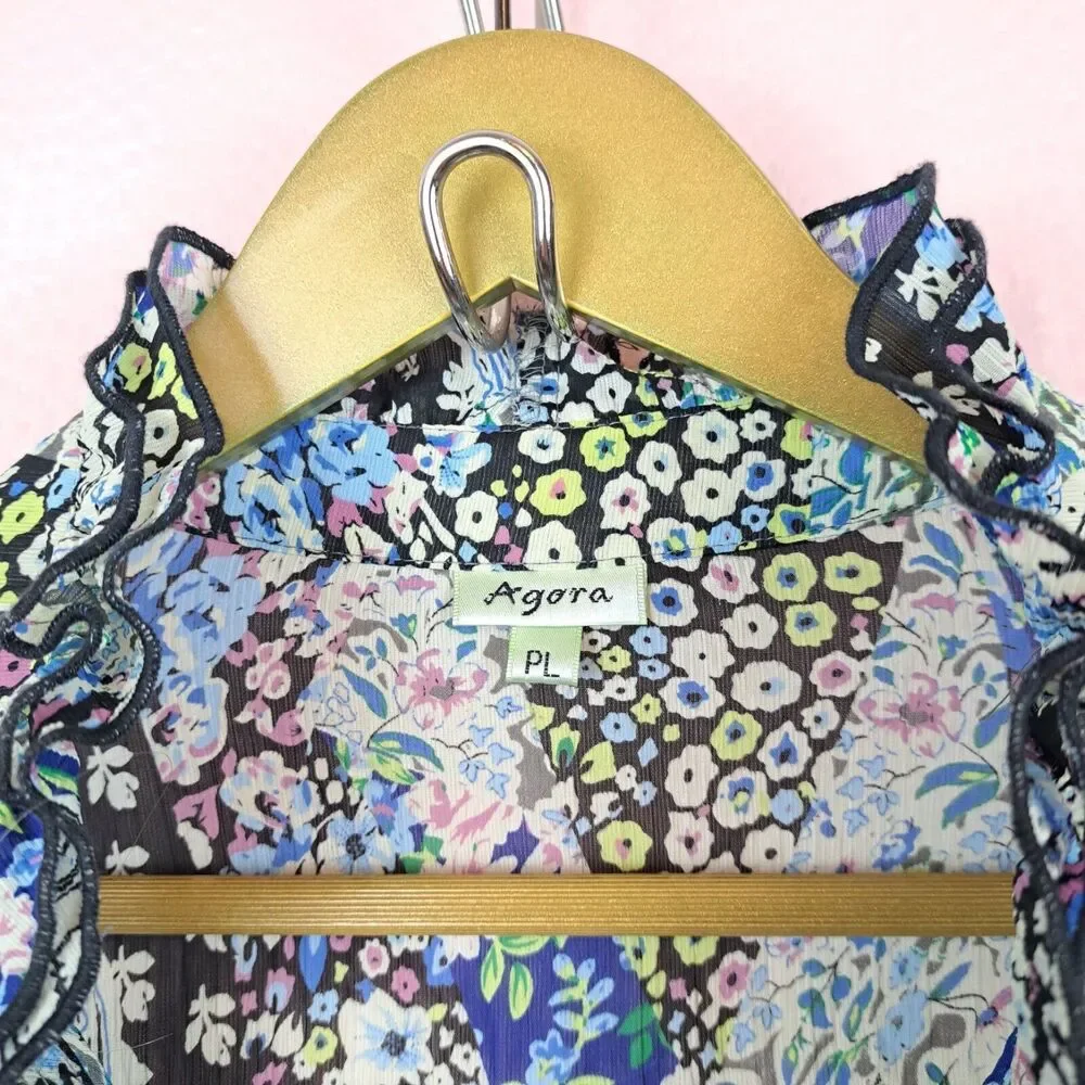 Agora Blouse Ruffle Long Sleeve Lightweight Size PL Floral Micro Print Petite